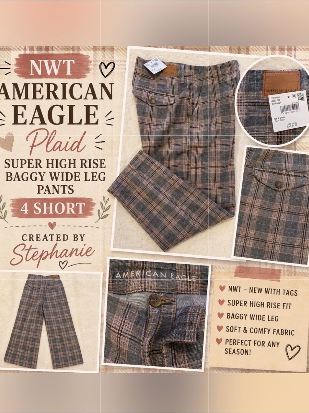 NWT American Eagle Outfitters Super High-Rise Baggy Wide-Leg Plaid Pants 4 Short